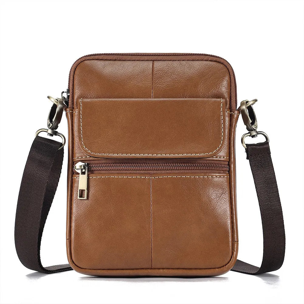 Men's brown leather crossbody shoulder bag with visible stitching and crossbody strap