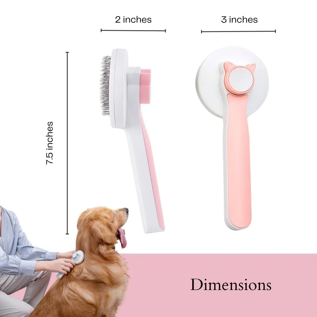 Self-cleaning pet grooming brush with ergonomic handle in blue, grey, or pink