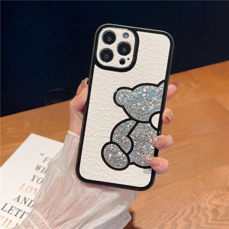 Cute bear silicone skin cover case for iPhone in glitter silver with cartoon design