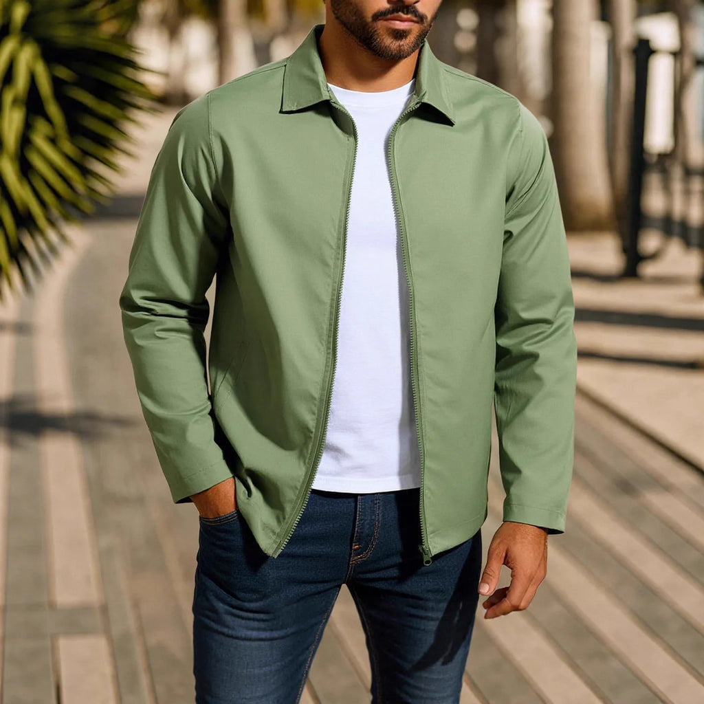 Men's emerald green zip-up cardigan jacket with raglan sleeves on a hanger.