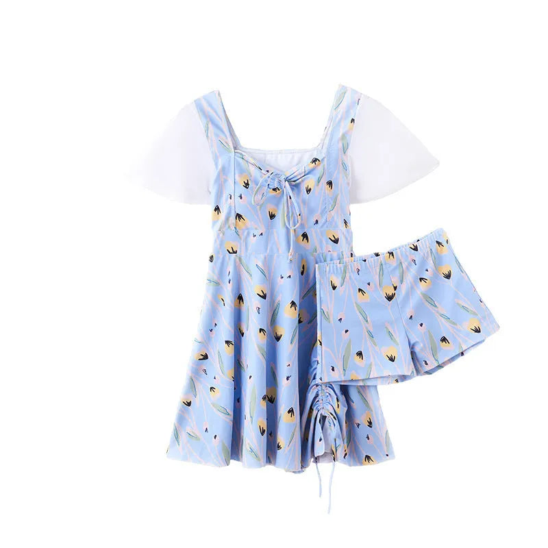Women's floral pattern one-piece swimsuit in sea salt blue colour
