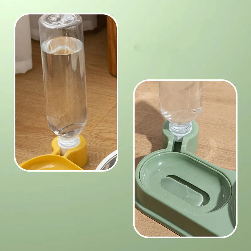 Brown automatic cat water dispenser and elevated food bowl set on a floor.