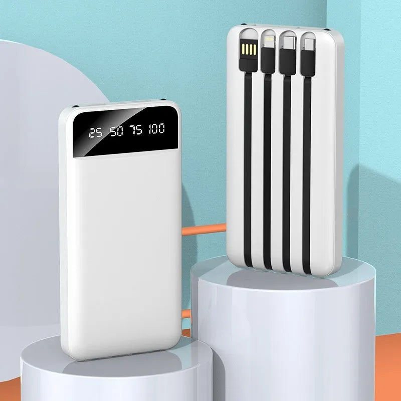 20000mAh black plastic power bank with integrated charging cable shown next to a mobile phone