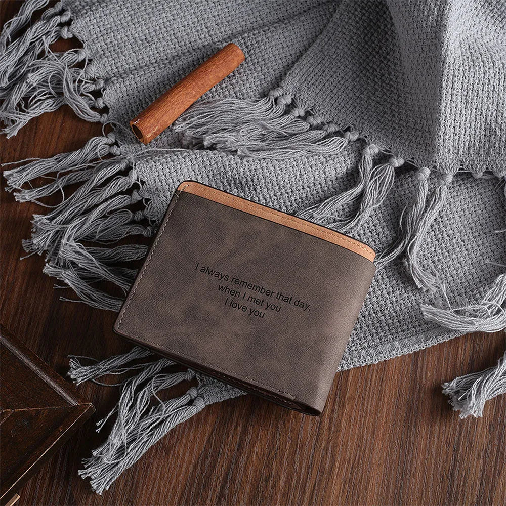 Coffee coloured PU leather engraved horizontal short wallet showing personalised text.