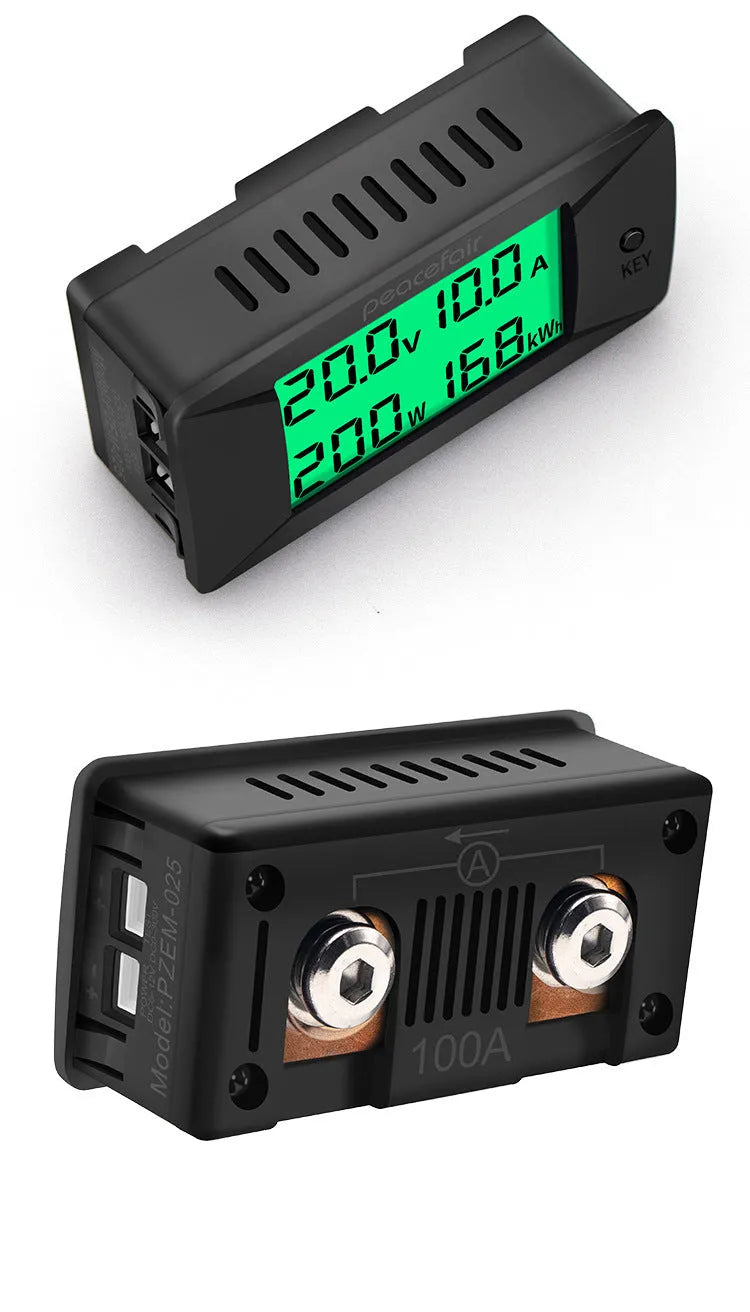 DC digital display voltmeter and ammeter panel meter with compact dimensions, showing host unit and wiring.