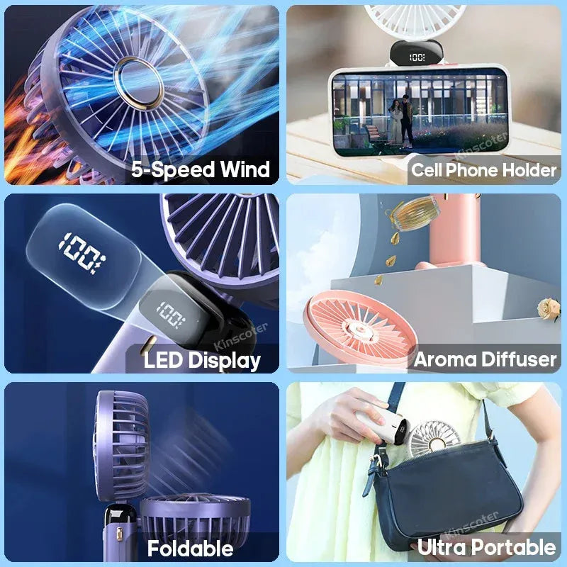 Blue portable handheld fan showing foldable design with digital battery display and removable grill