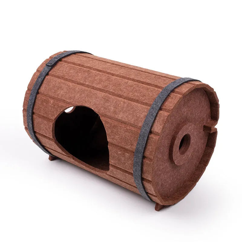 Wine barrel shaped cat bed assembled from three felt pieces with polyester fibre filling