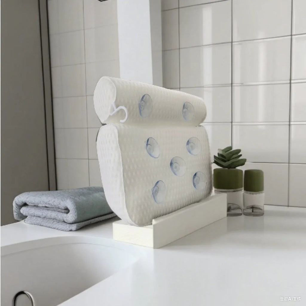 White bathtub pillow with 3D mesh fabric and suction cups on a tub surface.