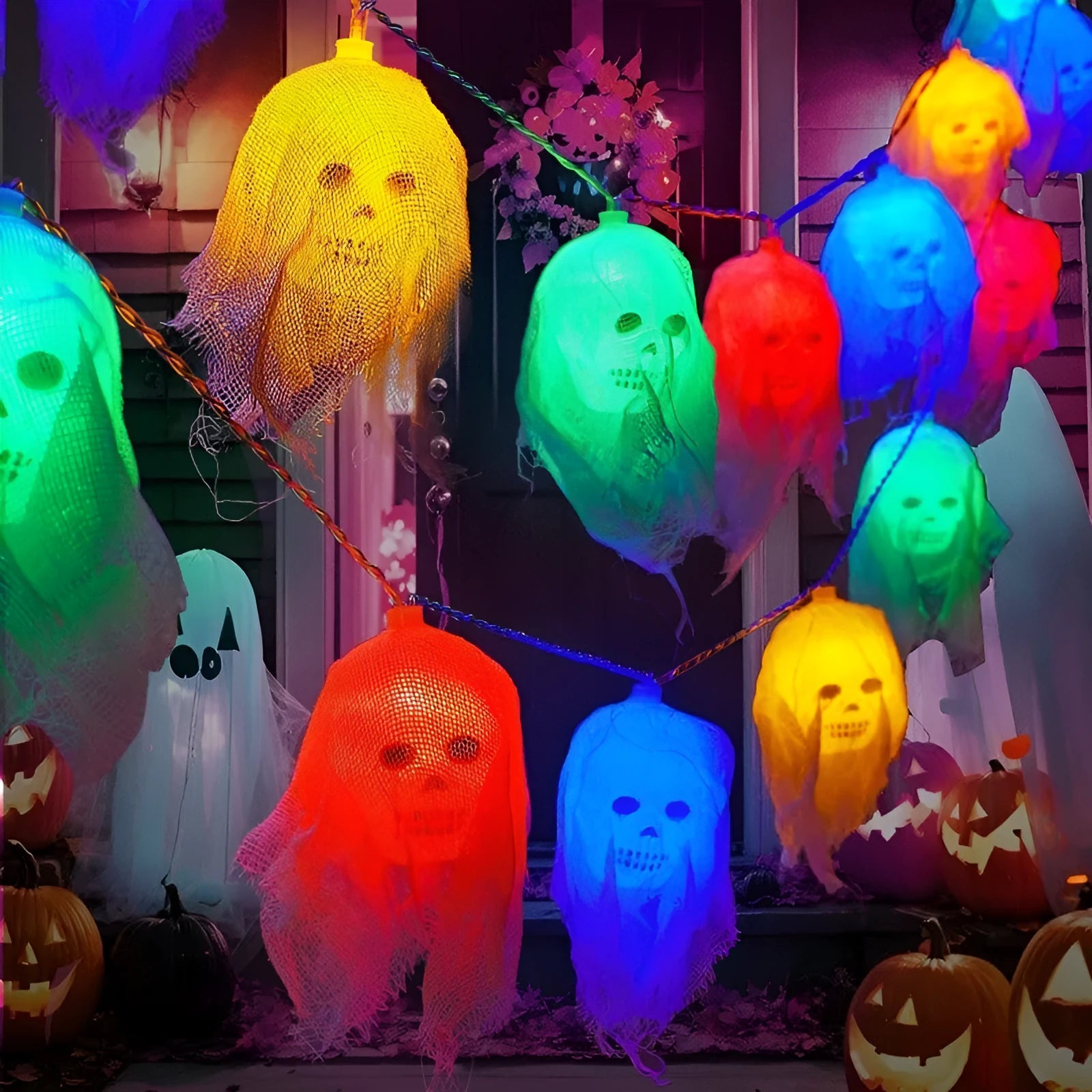 Battery-powered Halloween coloured LED string lights for indoor wall decoration.