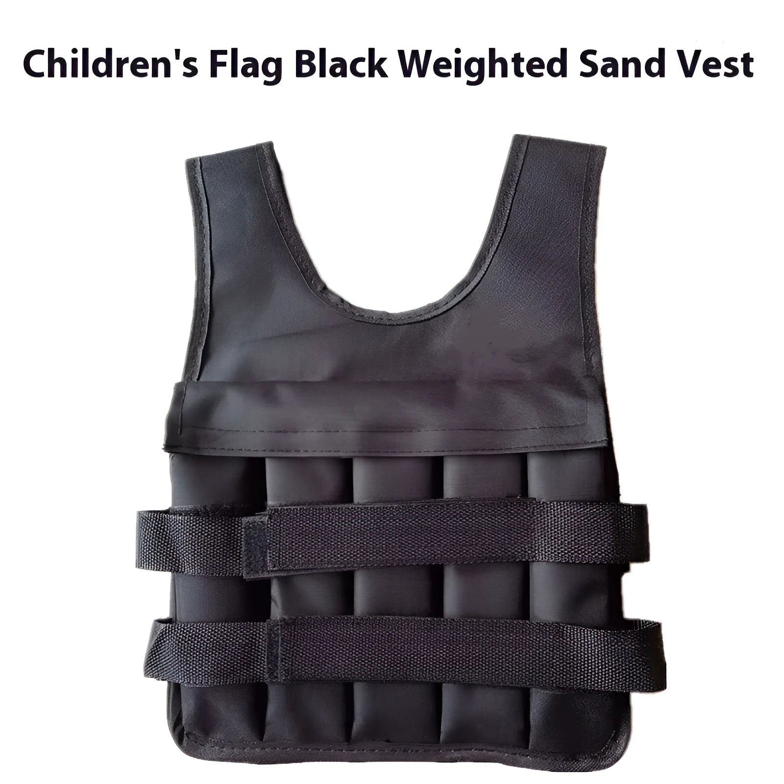 Child wearing an adjustable grey sand vest with secure straps, showing the thin voile fabric and distributed weight design.