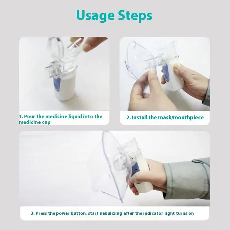 Handheld column-shaped USB nebuliser spray machine with water tank for household and children's use.