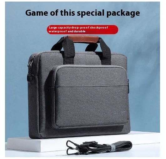 Oxford cloth laptop bag with shockproof air cushion pull rod belt in khaki colour placed on table
