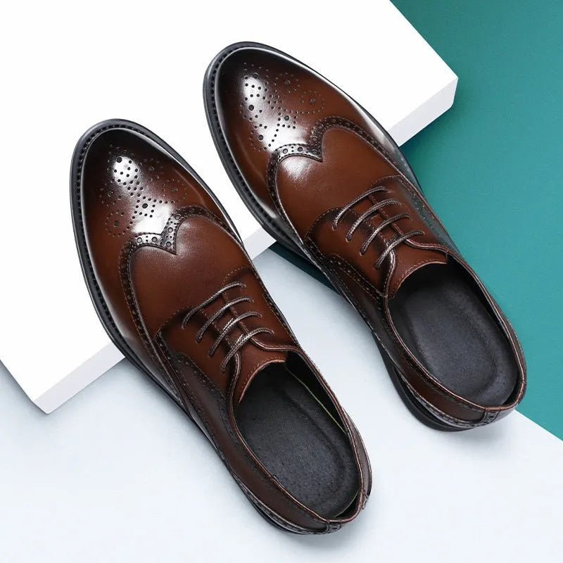 Men's black and brown brogue style shoes with a PU leather upper for business wear.
