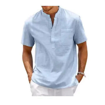 Men's solid colour stand collar short sleeve polo shirt in a loose fit for summer.