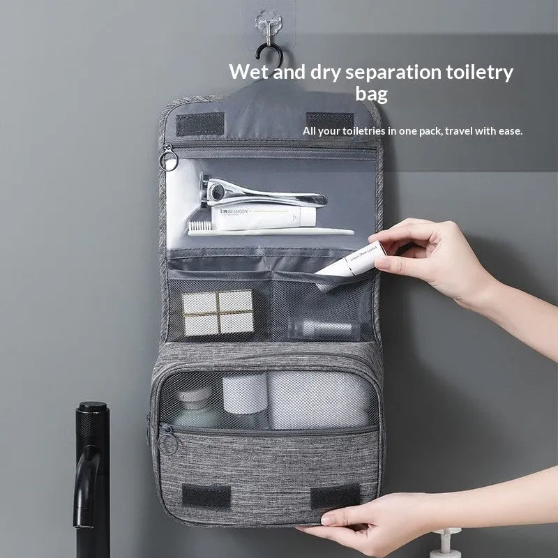 Cube-shaped cationic hanging toiletry bag in gray with metal hook, matte finish, and dry-wet separation compartments