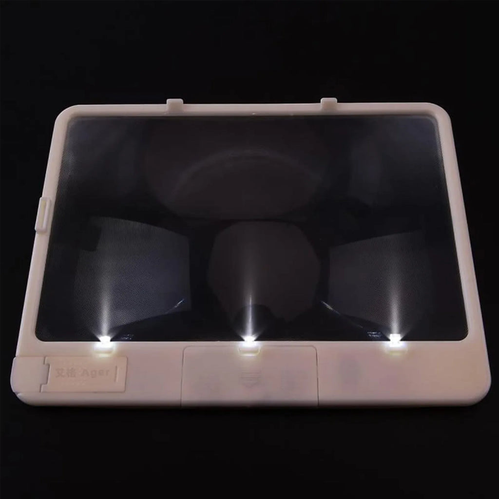 Black desktop magnifying glass with LED light showing large rectangular lens and PVC handle