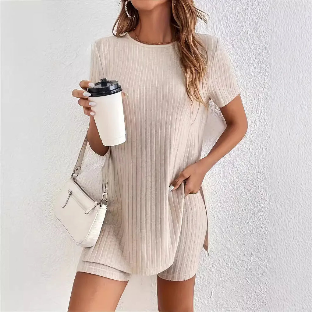 Women's ribbed cotton short sleeve top and shorts set in black, grey or khaki