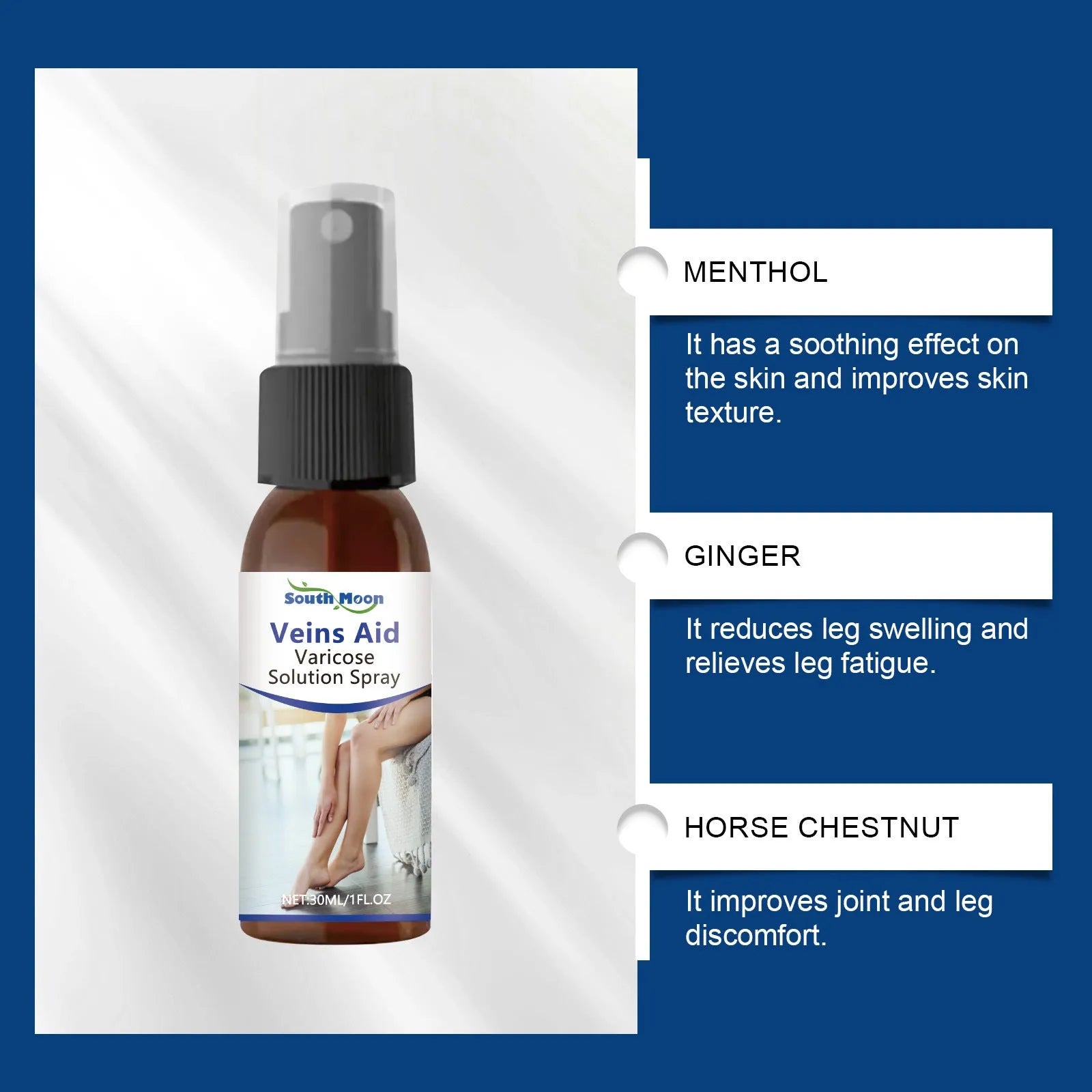 30ml leg care massage spray bottle with menthol, ginger and horse chestnut ingredients