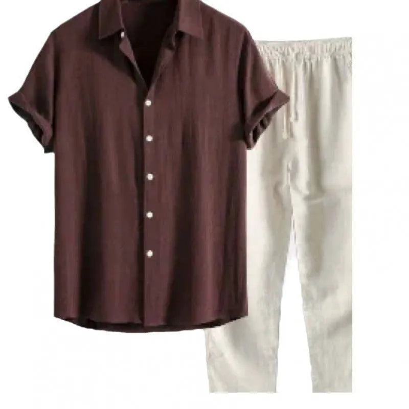 Men's loose fit linen casual suit set with short sleeve shirt and trousers in various colours
