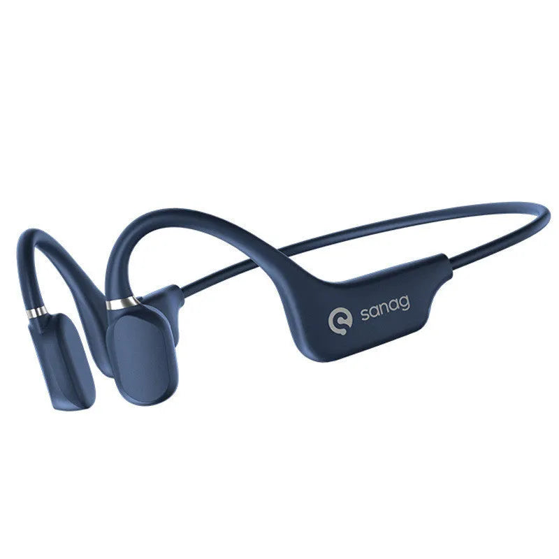 Bone conduction Bluetooth sports headset hanging around a neck, shown in multiple colour options.