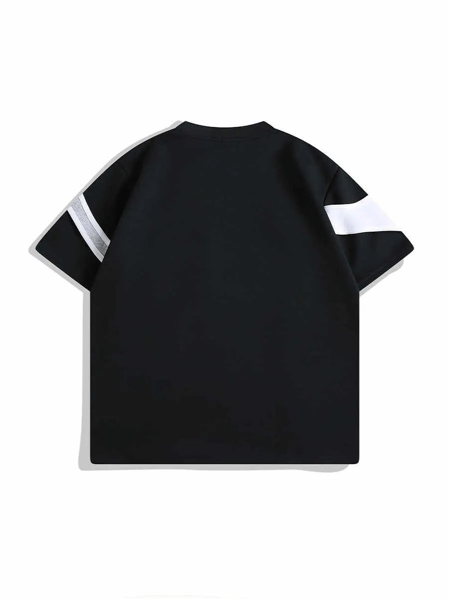 Black men's loose T-shirt with a padded shoulder strap detail and double stitching.