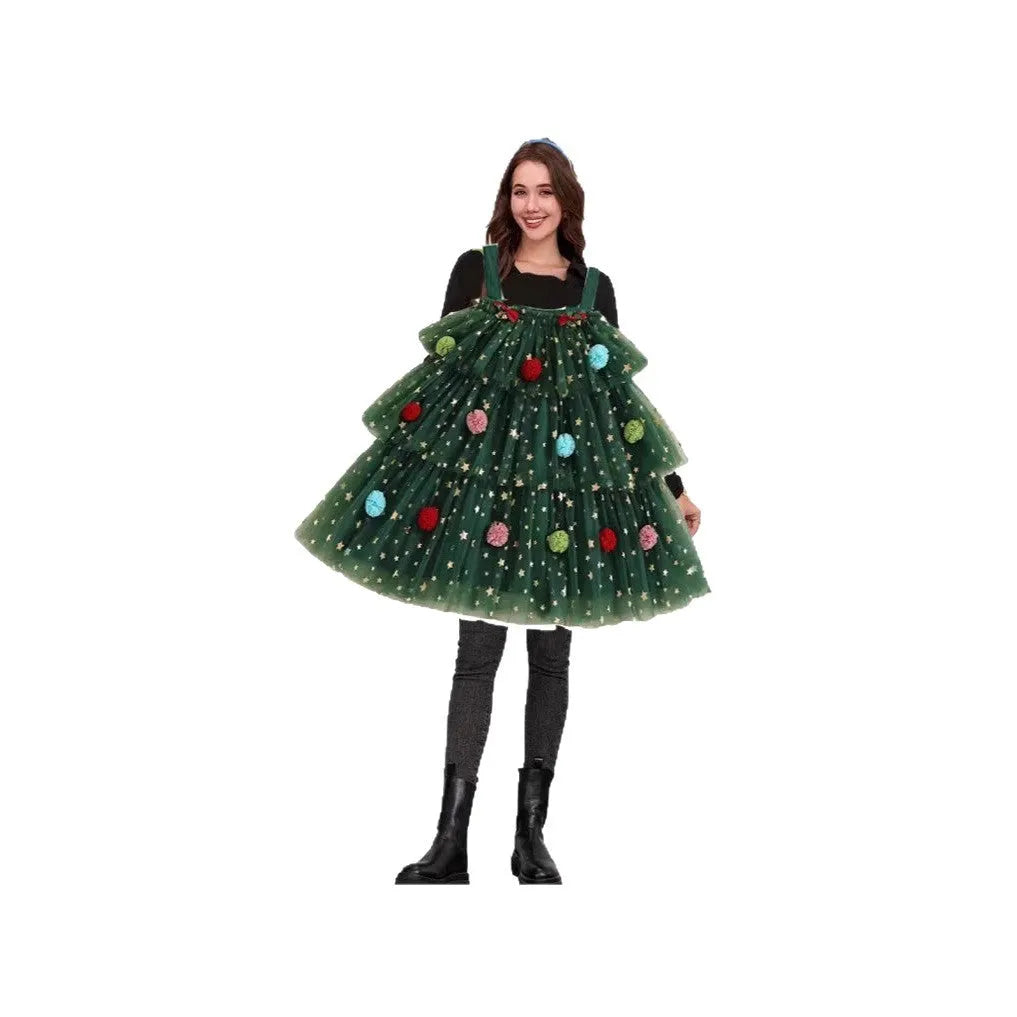 Green polka dot mesh Christmas tree pattern multi-layer tiered dress with sleeveless suspender skirt