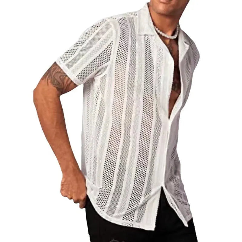 Man wearing a white knitted short-sleeved button cardigan shirt with textured Jacquard pattern.