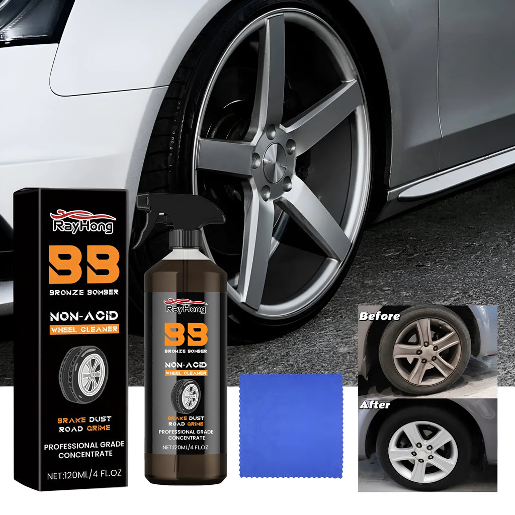Car tyre cleaner spray bottle and microfibre towel for wheel cleaning