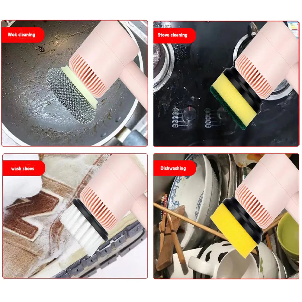 Green electric cleaning brush with three interchangeable scouring pad, brush, and sponge heads on a white background.