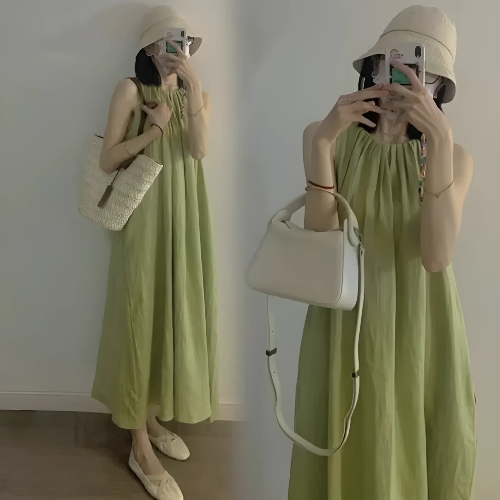 Plus size sleeveless asymmetric cotton blend vest skirt in green with matching black trousers, mid-length street fashion style