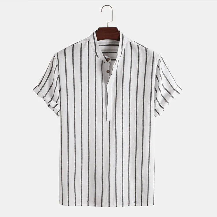 Fashion striped casual men's shirt short sleeve cotton pullover in white, red, gray, blue