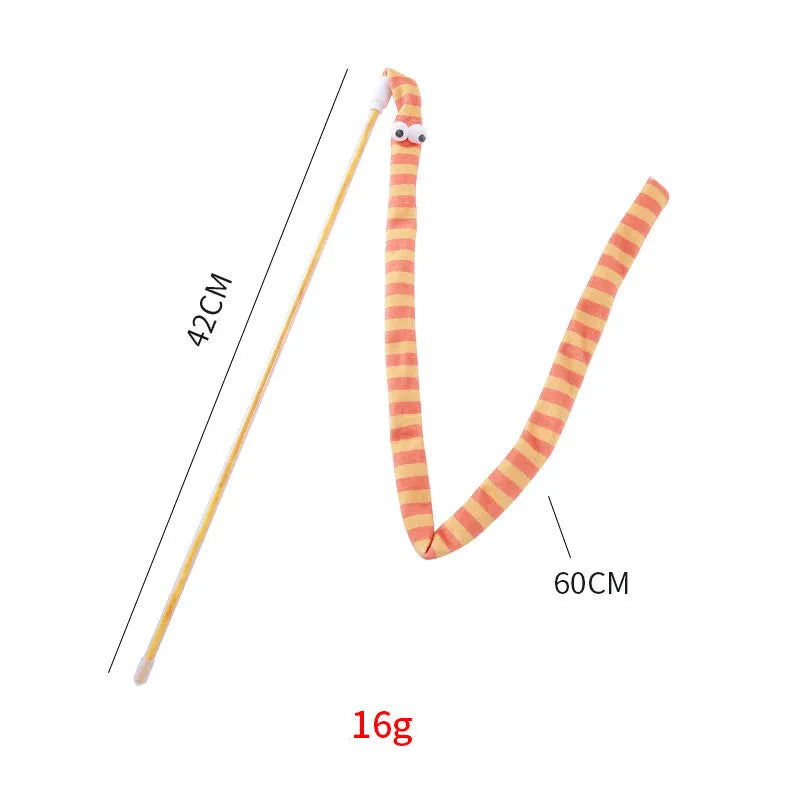 Cat wand teaser toy with polycarbonate handle and long plush strip in multiple colour options