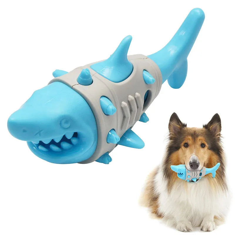 Blue grey yellow dog teething toy with shark-tooth pattern and bite-resistant rubber construction