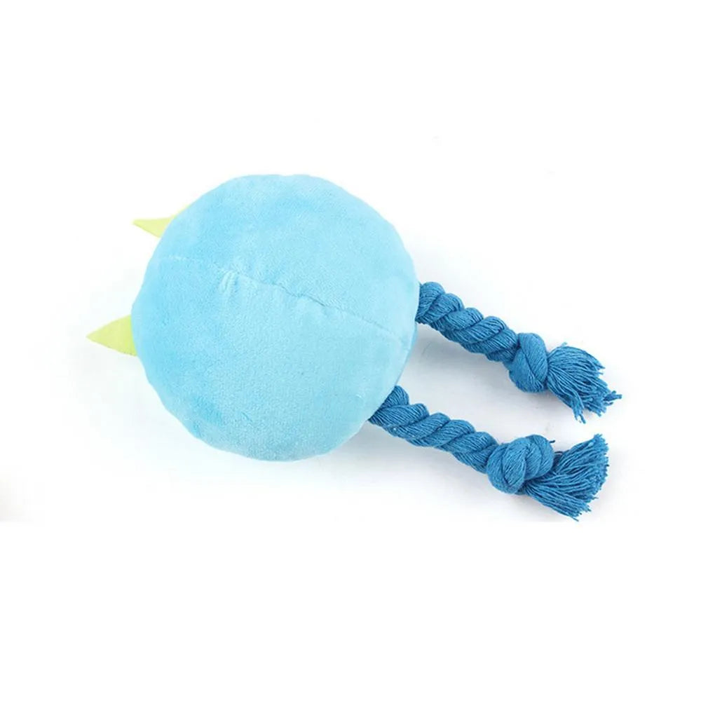 Blue and yellow dog squeaky toy with knot design made from cotton rope and PP cotton filling