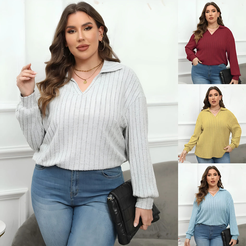 Plus size women's grey polo collar fleece shirt with lantern sleeves in Gothic street style.