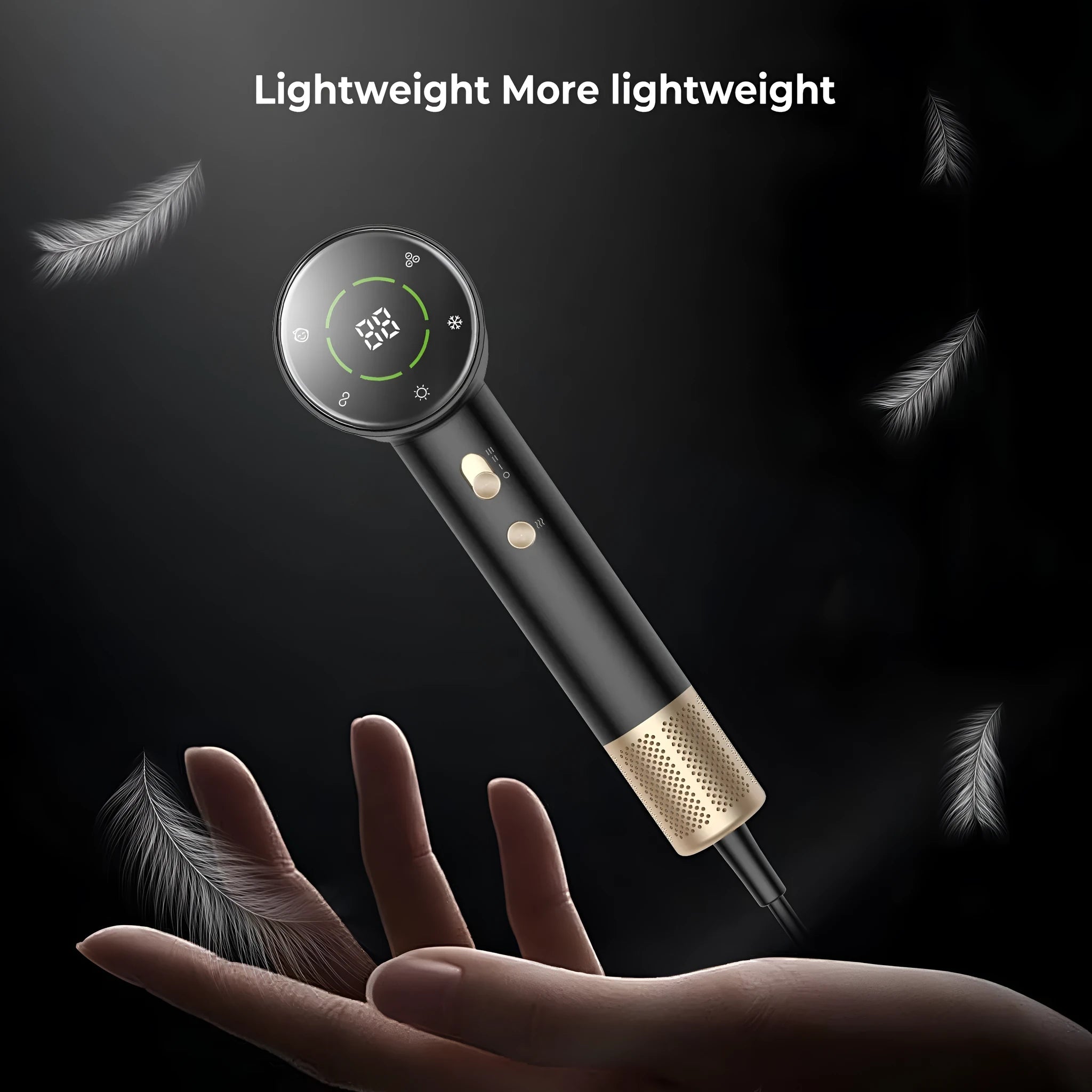 Black gold high-power hair dryer with high-speed screen display and multiple fan speed settings