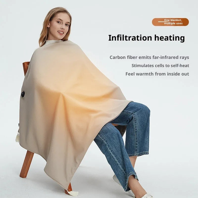 Solid-colour polyester heated shawl blanket in green, red, or beige with 4000mAh or 5000mAh power bank