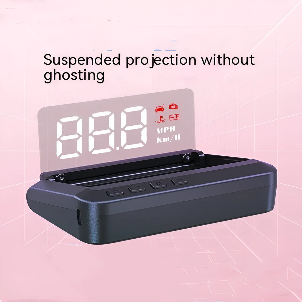 Black car head up display unit showing 2.0-inch screen, with OBD cable for connection.