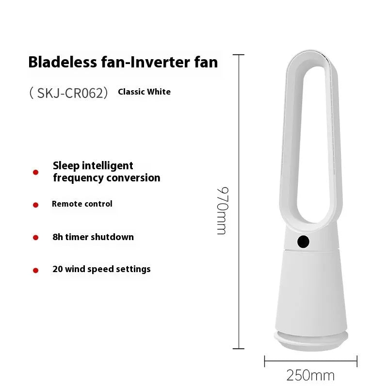 White bladeless tower fan with remote control on wooden floor