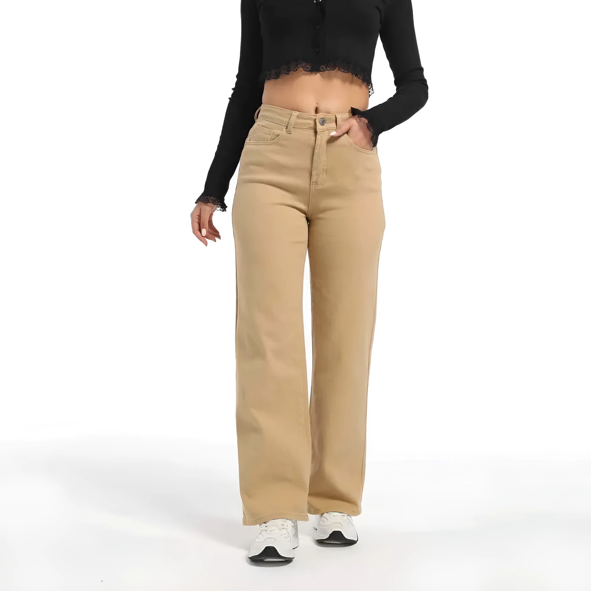 Women's high-waist wide-leg straight jeans in apricot and khaki colours made from stretch cotton.