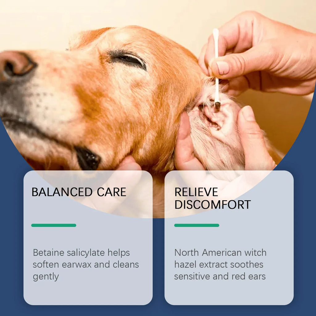 100ml bottle of dogs and cats ear cleaner solution with applicator nozzle for gentle pet ear wax removal.
