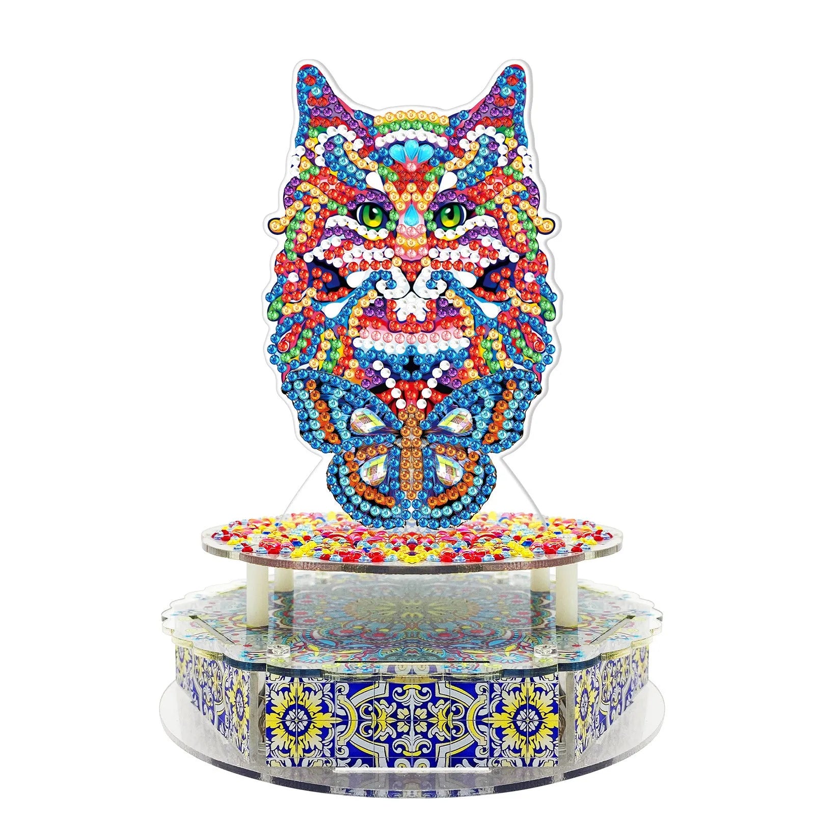 DIY diamond painting music box craft kit components including PVC plates, music movement, and LED string lights