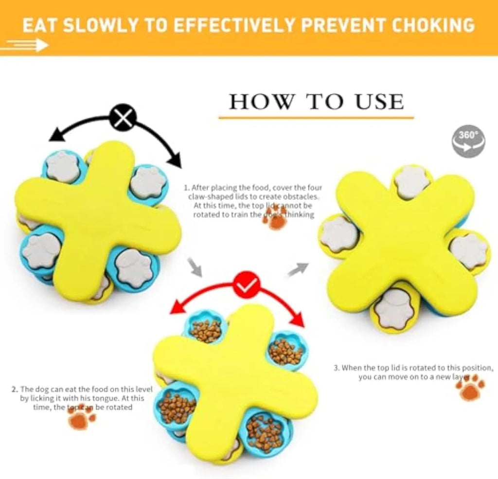 Yellow three-layer rotating dog puzzle feeder toy with anti-slip rubber base on a floor.