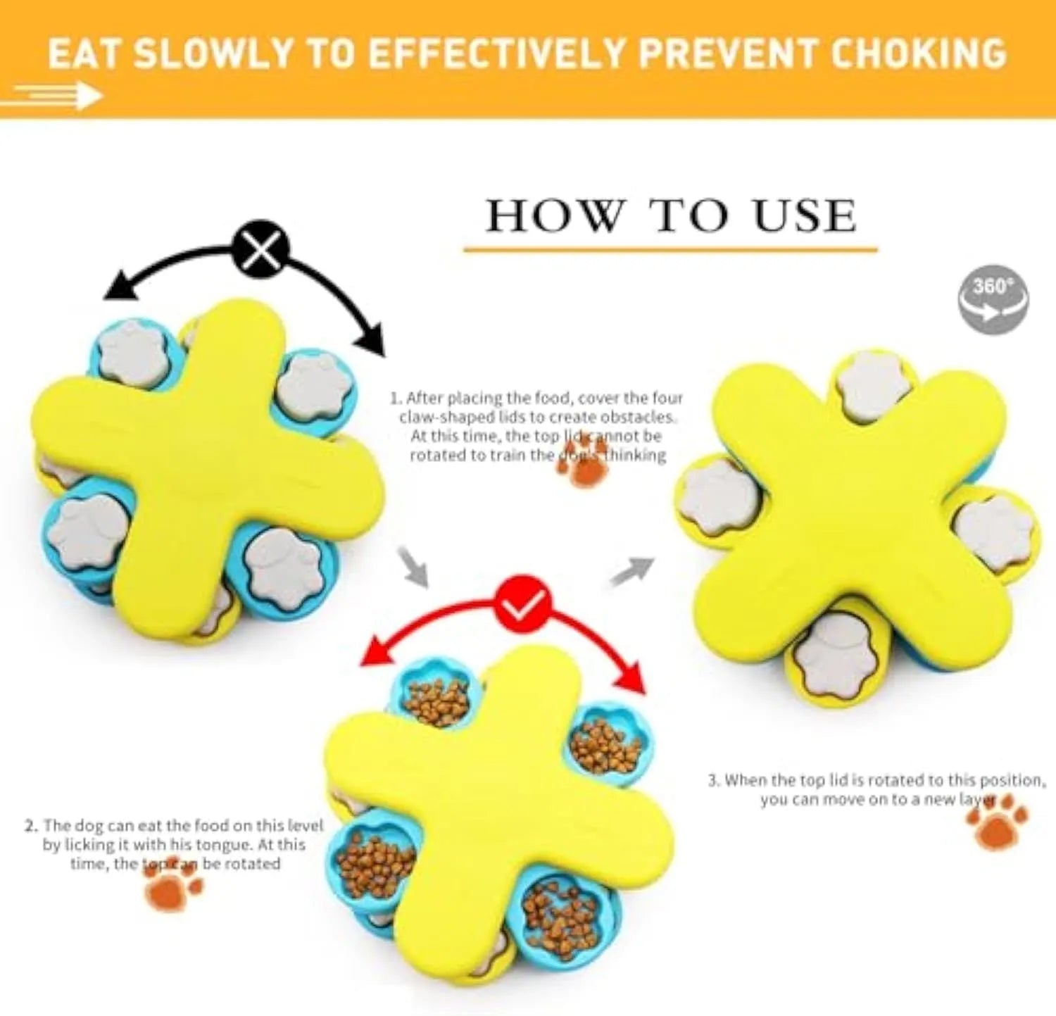 Yellow three-layer rotating dog puzzle feeder toy with anti-slip rubber base on a floor.