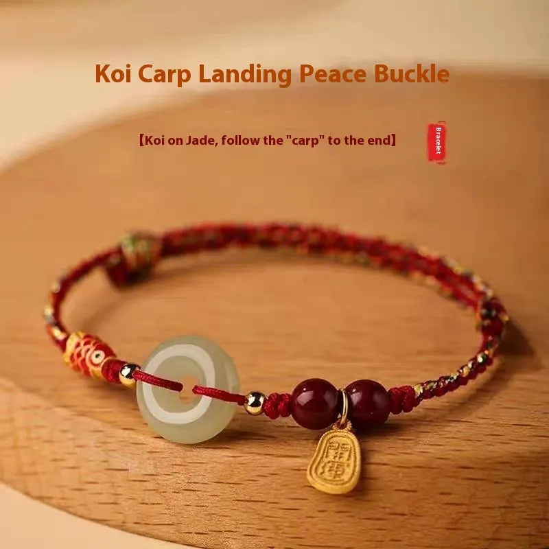 Hetian Jade peace buckle bracelet with braided rope in three colour options
