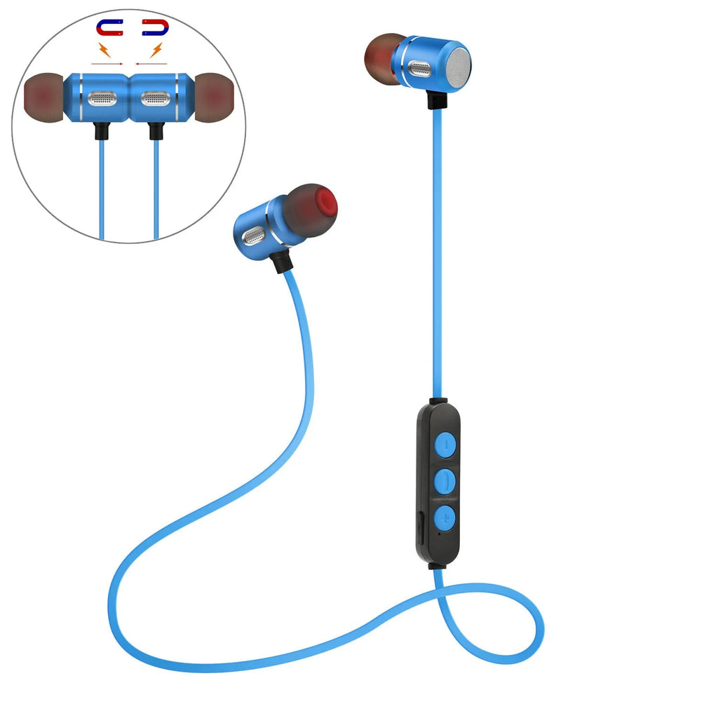 AX-09 magnetic sports Bluetooth headset in blue with ear caps and USB cable