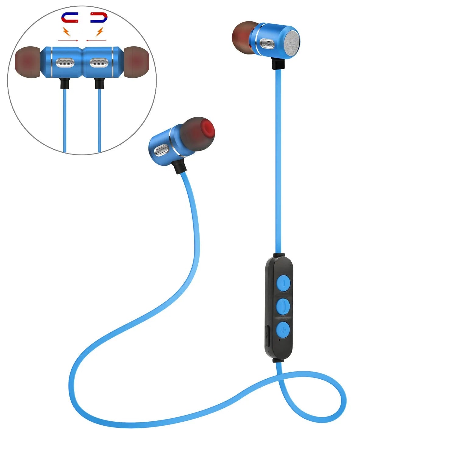 AX-09 magnetic sports Bluetooth headset in blue with ear caps and USB cable