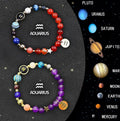 Twelve Zodiac Sign bracelets with natural stone beads and silver astrological charms laid out on a dark surface.