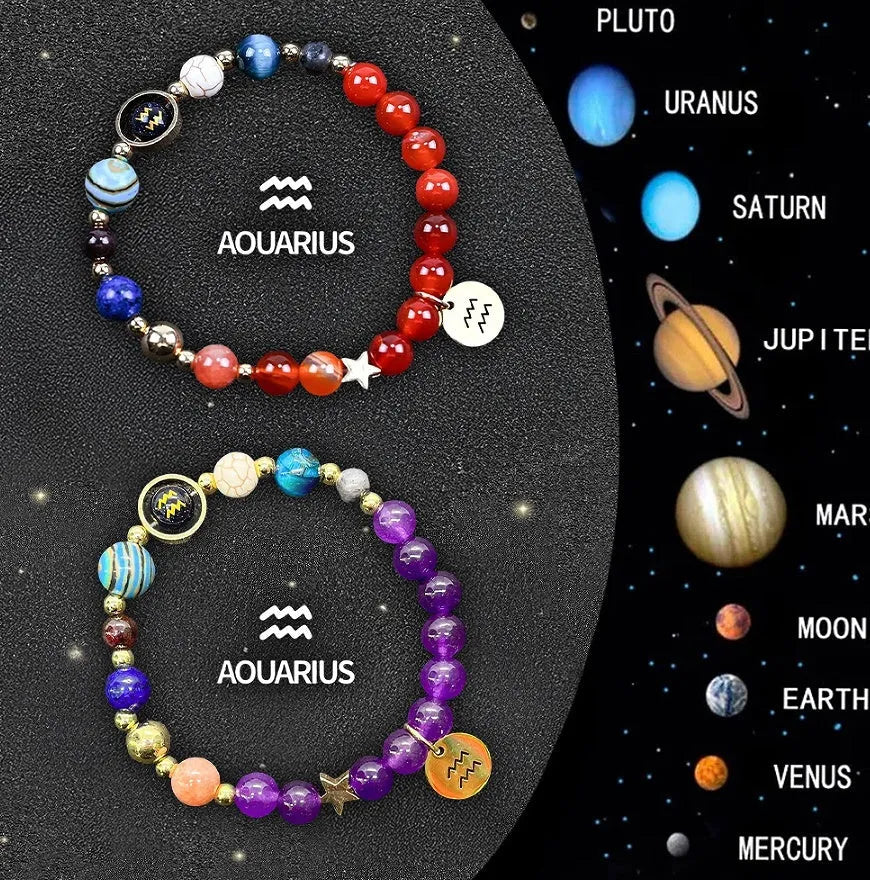 Twelve Zodiac Sign bracelets with natural stone beads and silver astrological charms laid out on a dark surface.