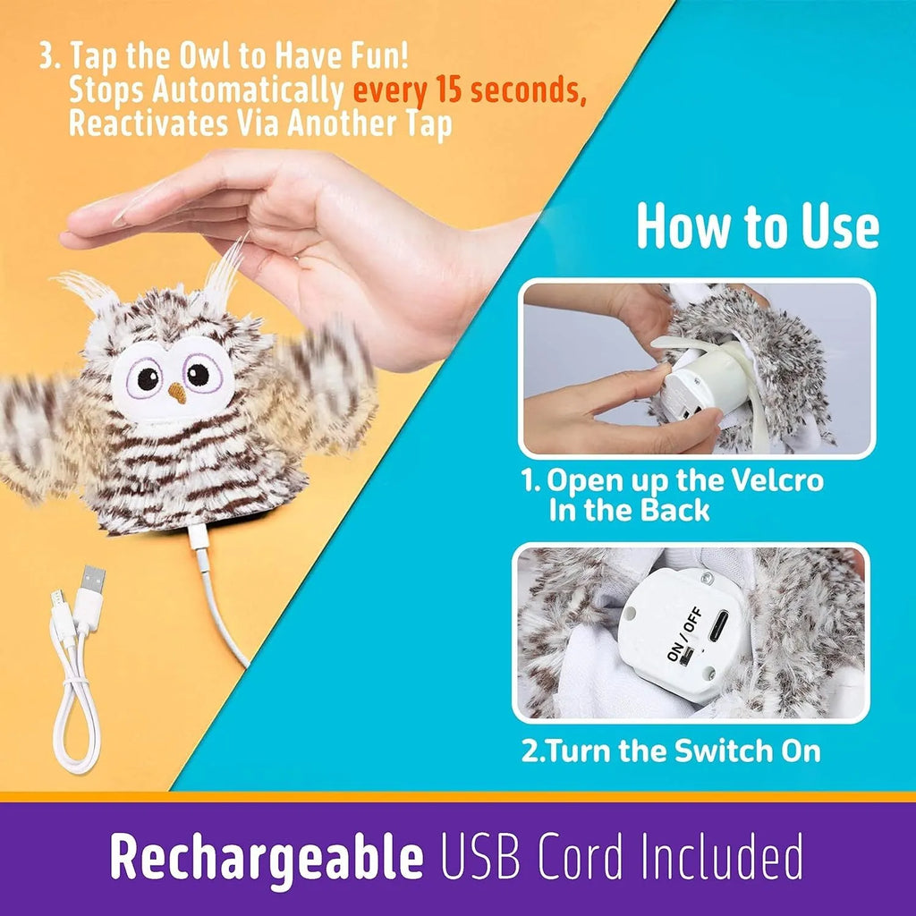 Grey automatic chirping owl cat toy with flapping wings on a flat surface.